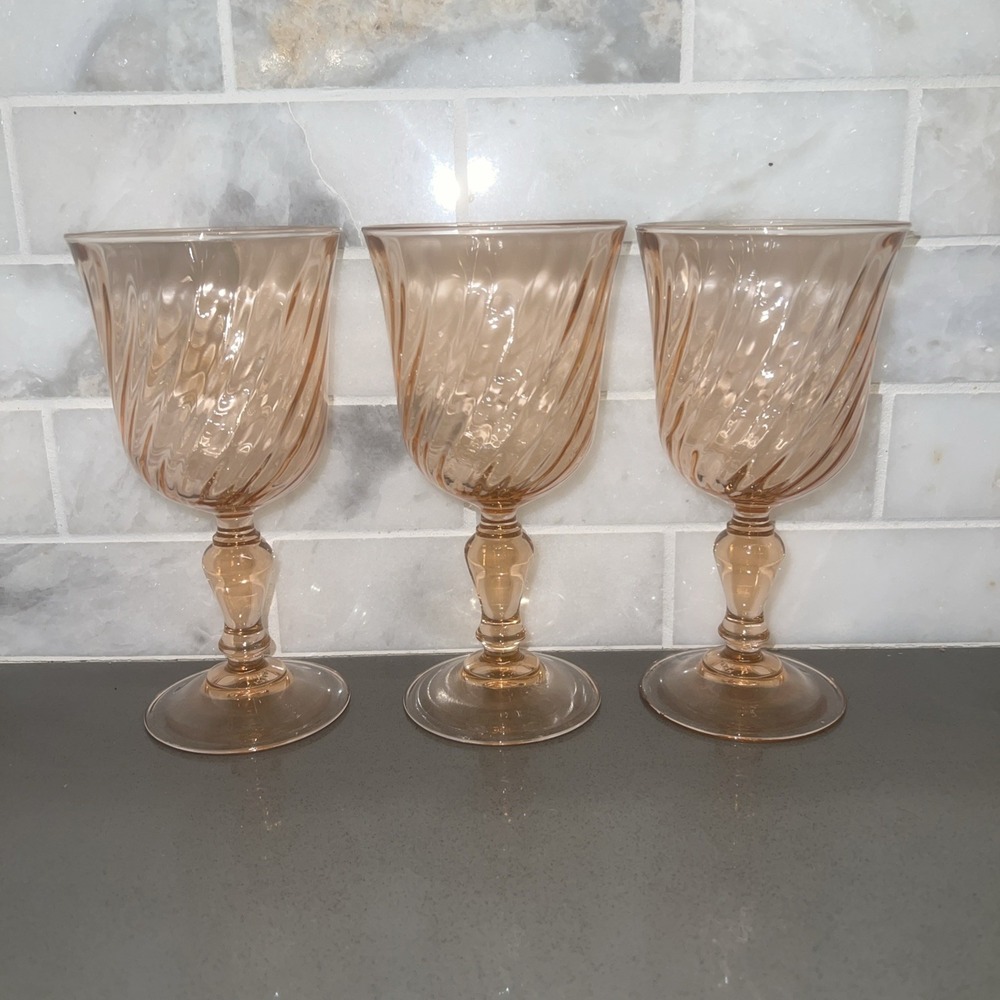 3 - Arcoroc Rosaline Pink Swirl 8oz Water Glass Goblets France 6.5" high